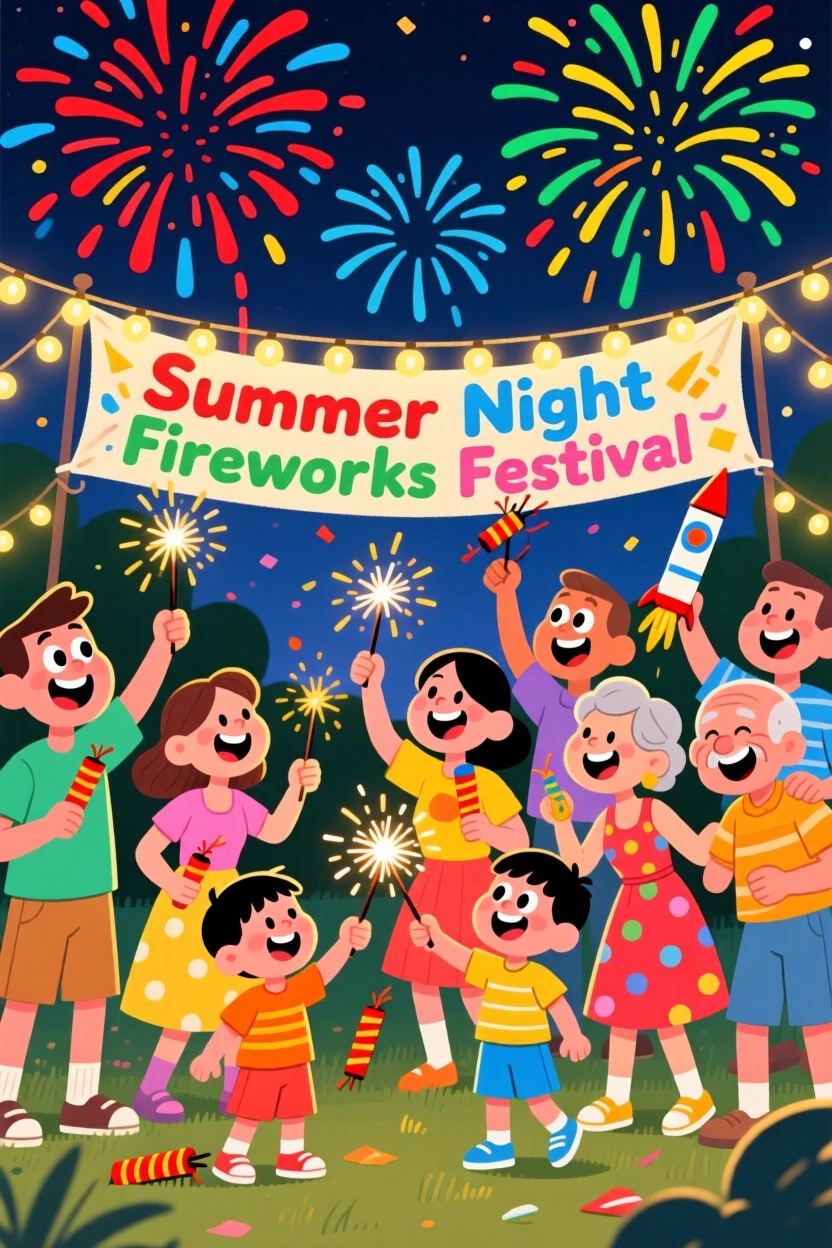 A festive celebration scene of a festive community lighting fireworks together on a warm summer night, with twinkling string lights strung overhead.