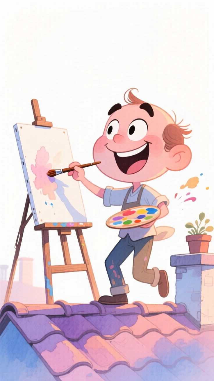 A painter at an easel playing passionately on a rooftop at dusk