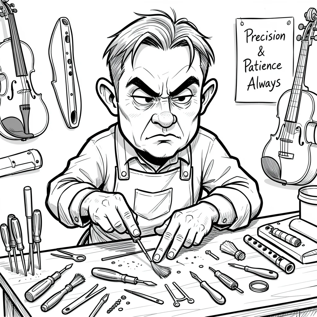 [Occupations & Hobbies] Detailed scene of a focused instrument repairer setting up tools for the day, showcasing skill and dedication