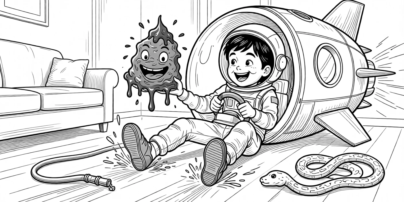 A kid proudly displaying a mud pie masterpiece, steering wildly with both feet dragging as brakes, set in a living room turned imaginary rocket ship. A garden hose lies coiled like a sleeping snake. The image radiates the carefree magic of being young.