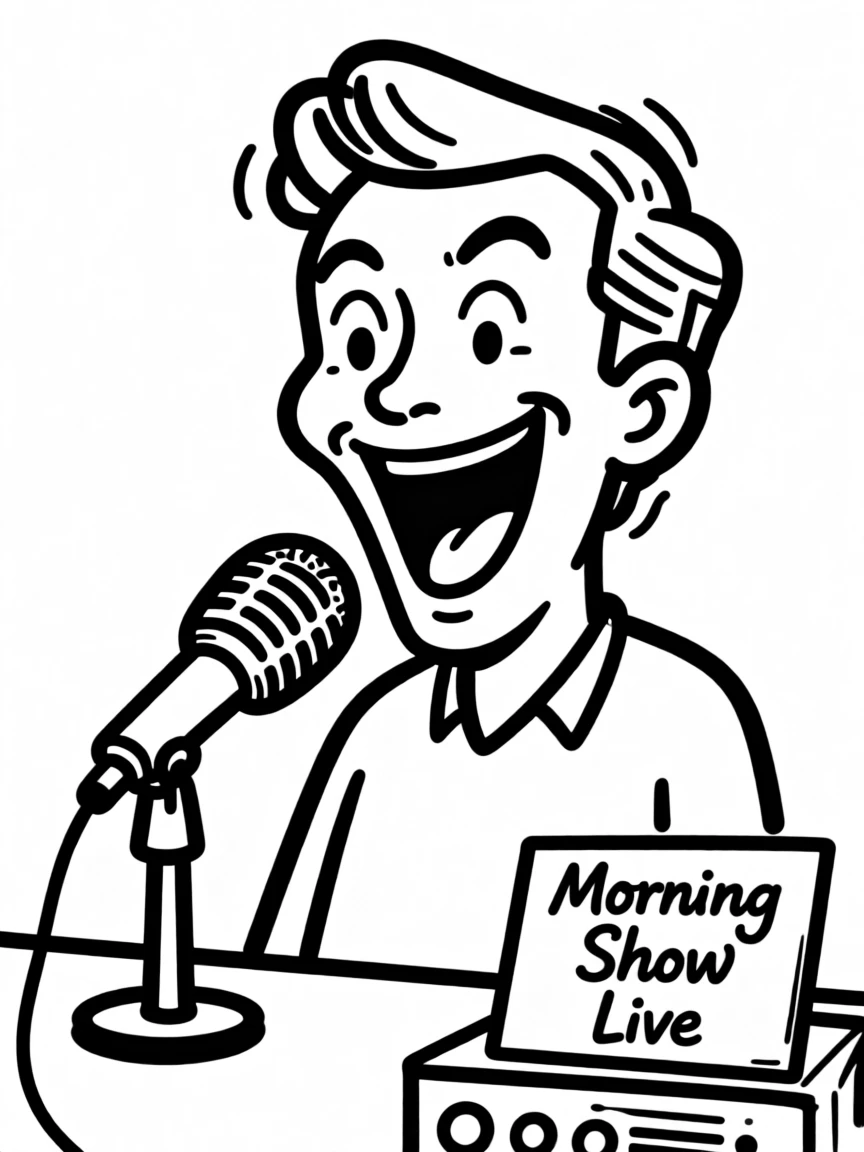 A radio host laughing into a microphone during a lively morning broadcast.