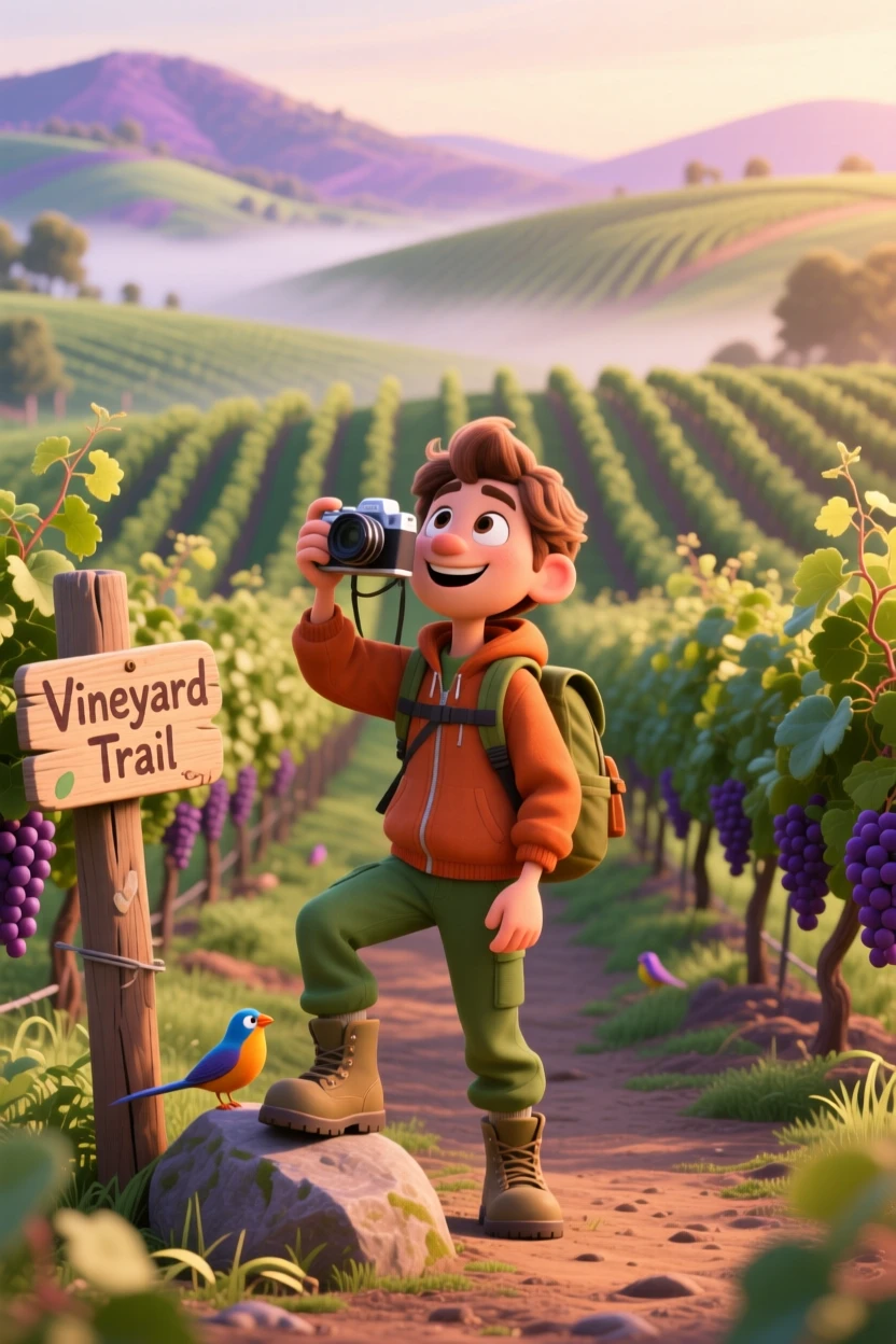 A solo hiker pausing to rest stands in a vineyard with rows stretching into the distance, snapping a photo of the breathtaking landscape. The mood is adventurous, peaceful, and awe-inspiring, with a light mist clinging to the distant hills.