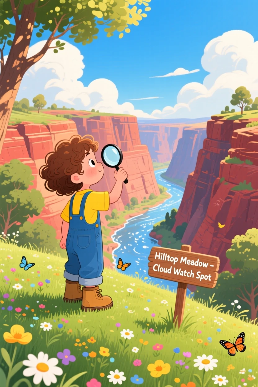 A child with a magnifying glass pauses while watching clouds drift by from a hilltop meadow in a canyon carved by an old river, as sunlight filters through the leaves.