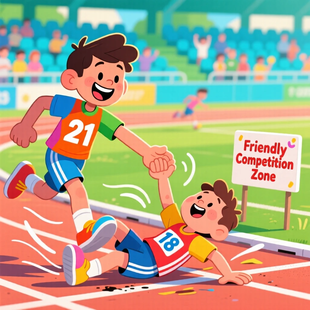 A young athlete helping a competitor up after a fall during a race.