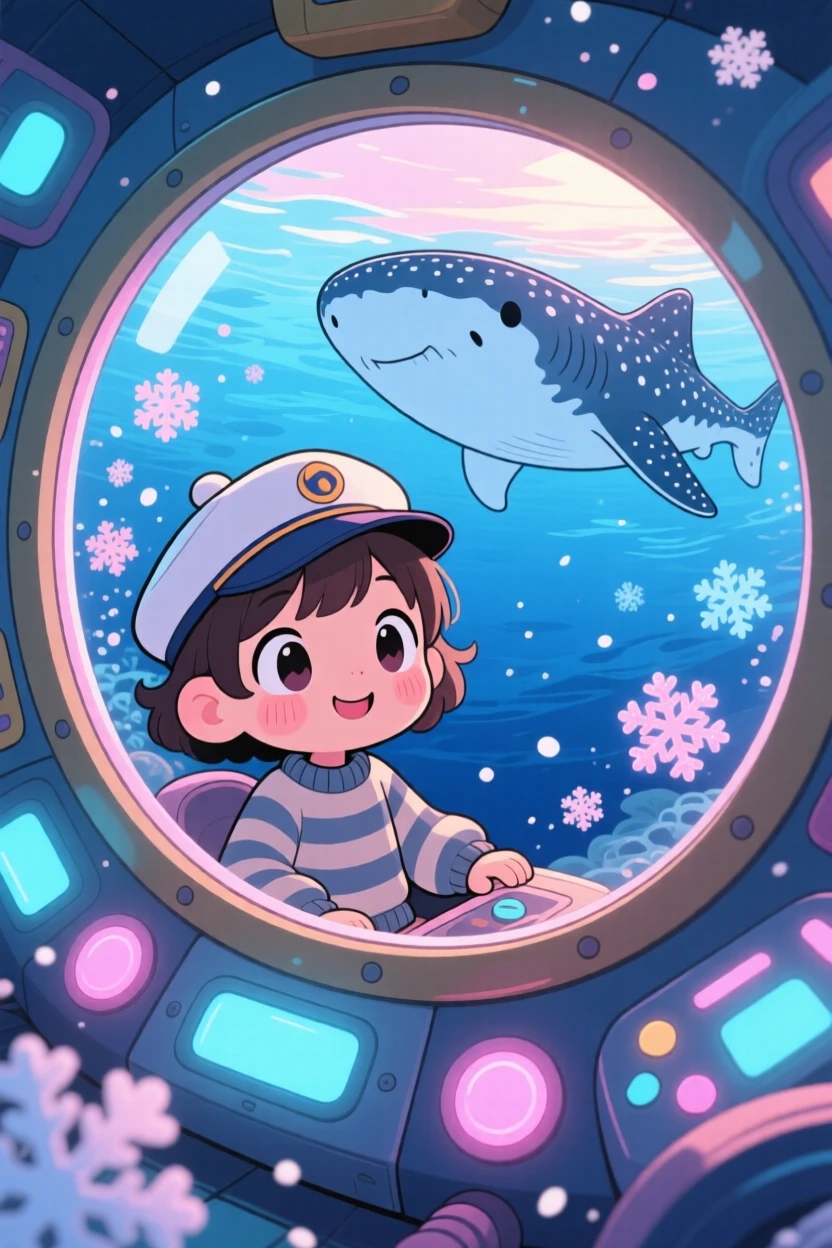 Worm's-eye view of a small child in a submarine, spotting a gentle whale shark, in the deep blue open ocean, amid softly falling snow, illuminated by soft pastel light of dawn, radiating eager anticipation.