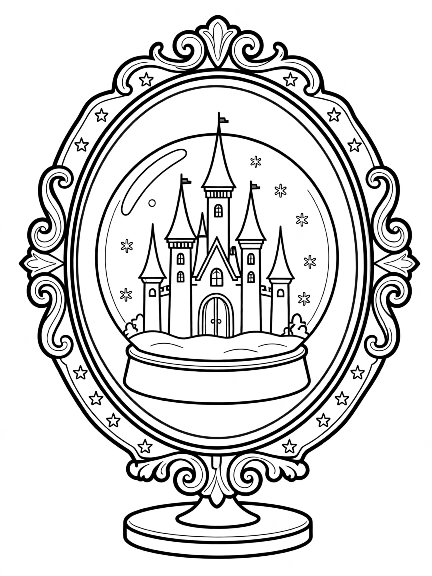 A magic mirror showing a castle in a snow globe