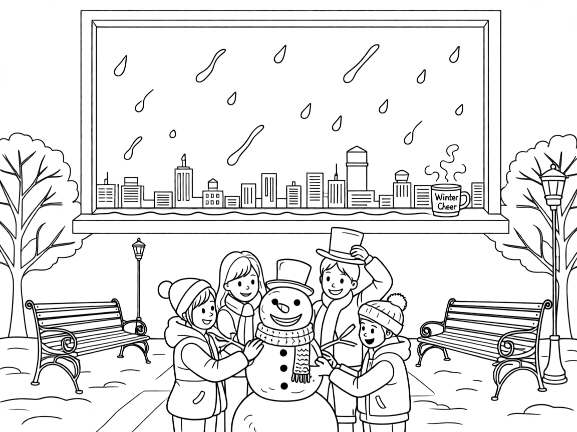 A group of friends building a snowman in a quiet park, raindrops racing down a window overlooking a city skyline.