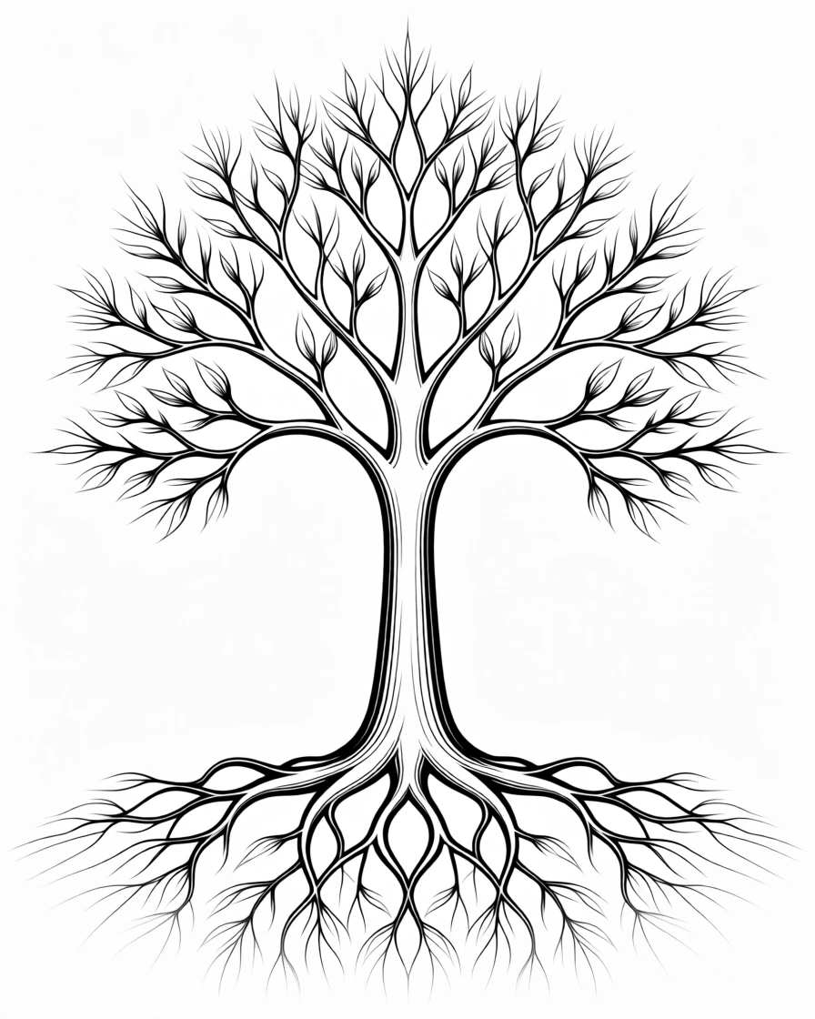 A tree with roots and branches forming a mirrored pattern