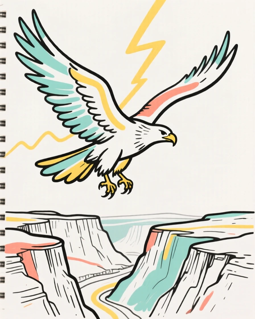 A thunderbird spreading its massive wings above a canyon landscape.