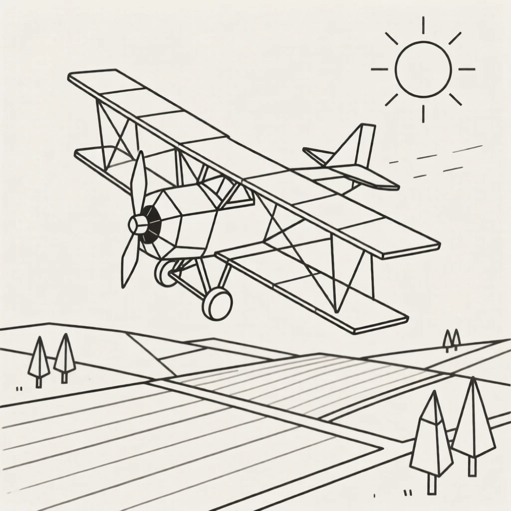 A vintage biplane flying over a rural countryside