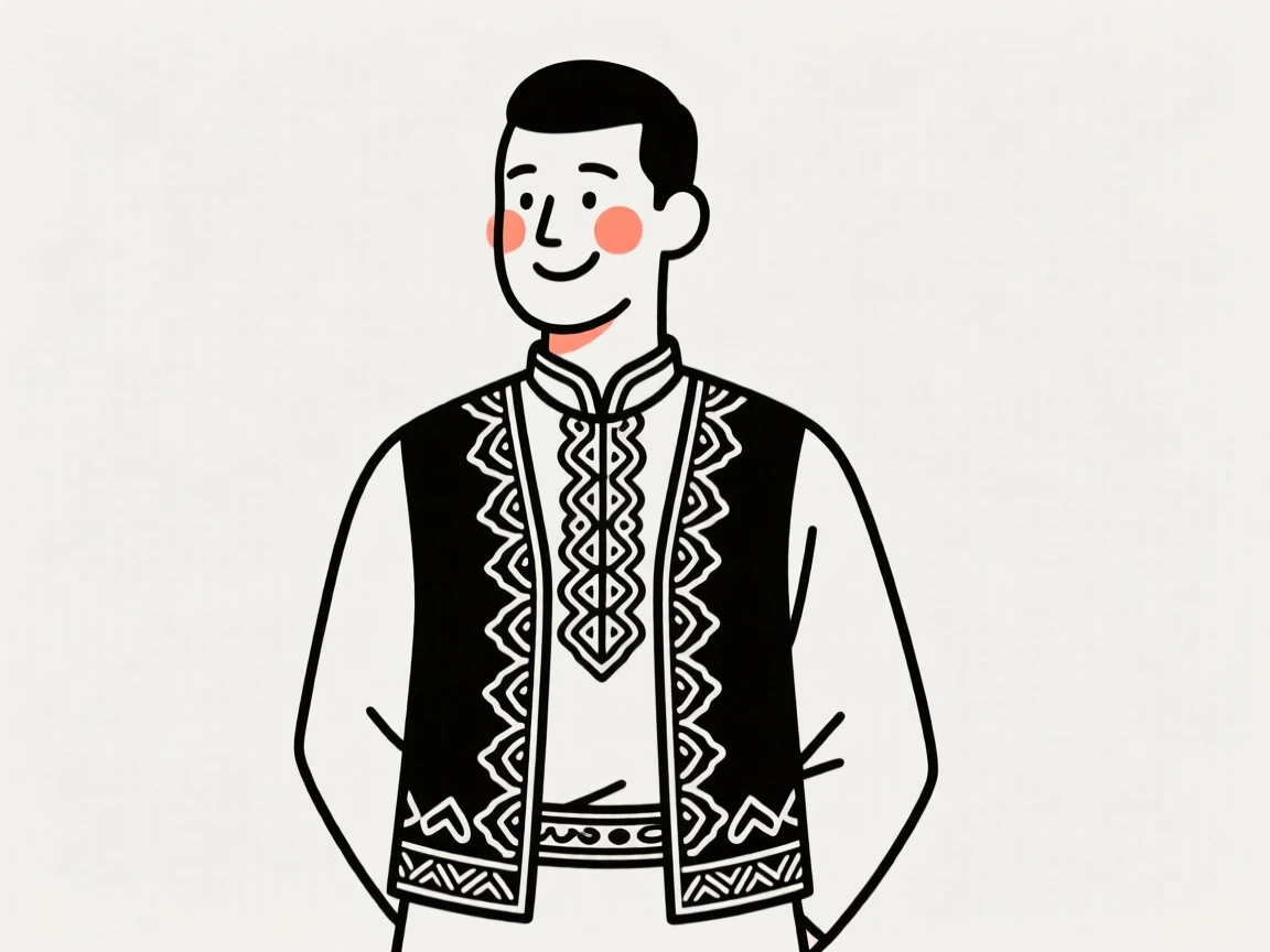 A groom wearing a Turkish embroidered vest, beaming with pride.