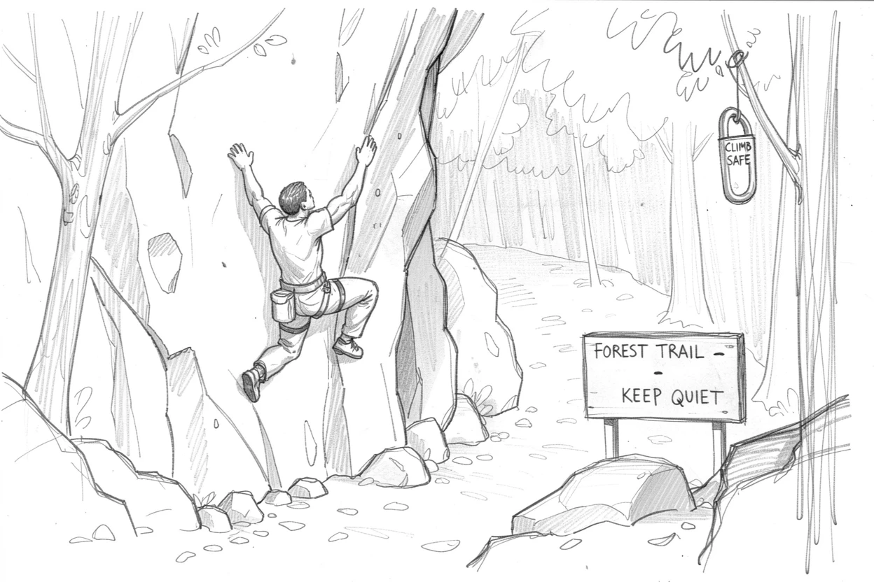 A rock climber scaling a sheer cliff face, on a quiet forest trail, with motion frozen in a dramatic instant.