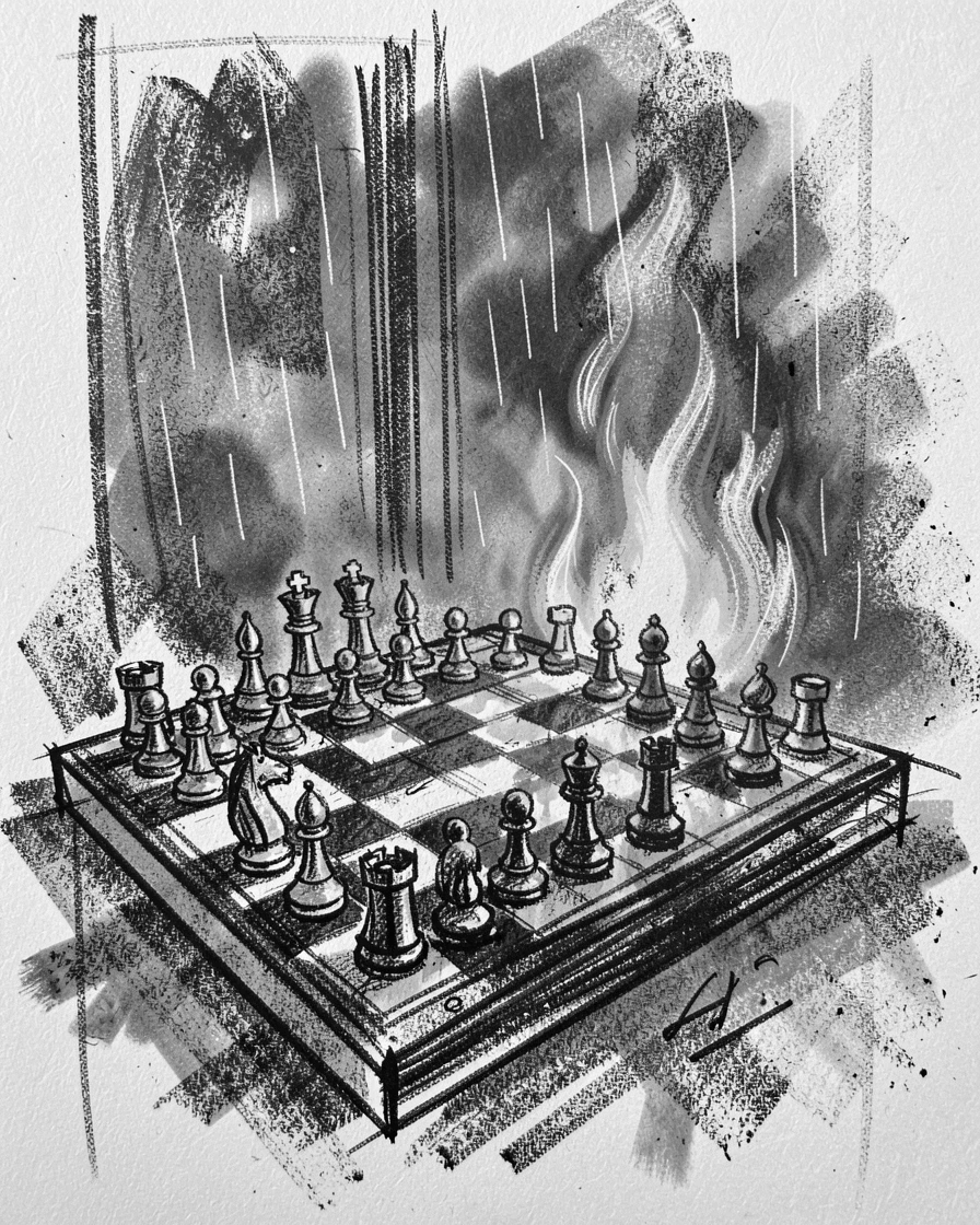 A chess board mid-game beside a crackling fire, as gentle rain patters down around them.