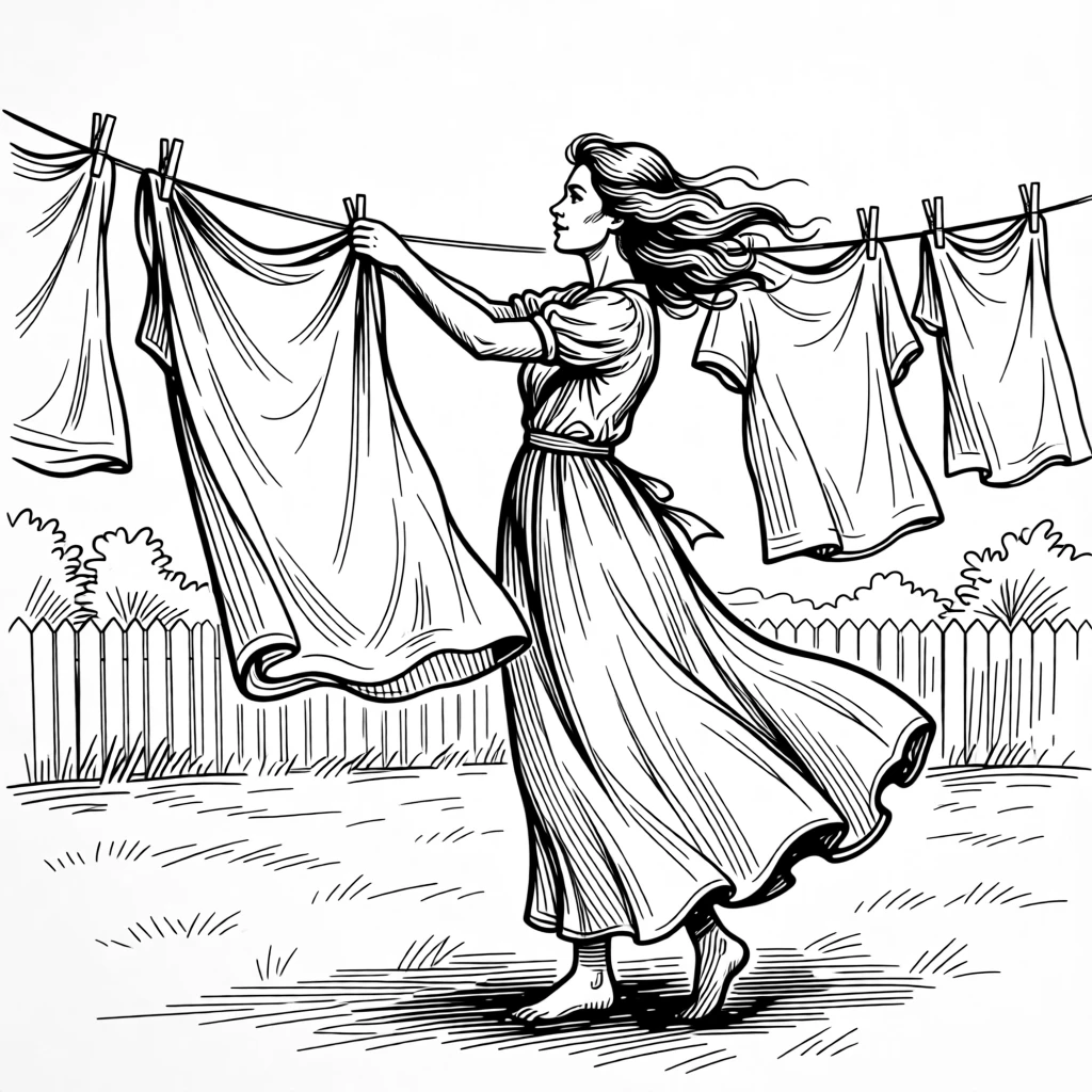 A woman hanging freshly washed laundry on a clothesline in the breeze.