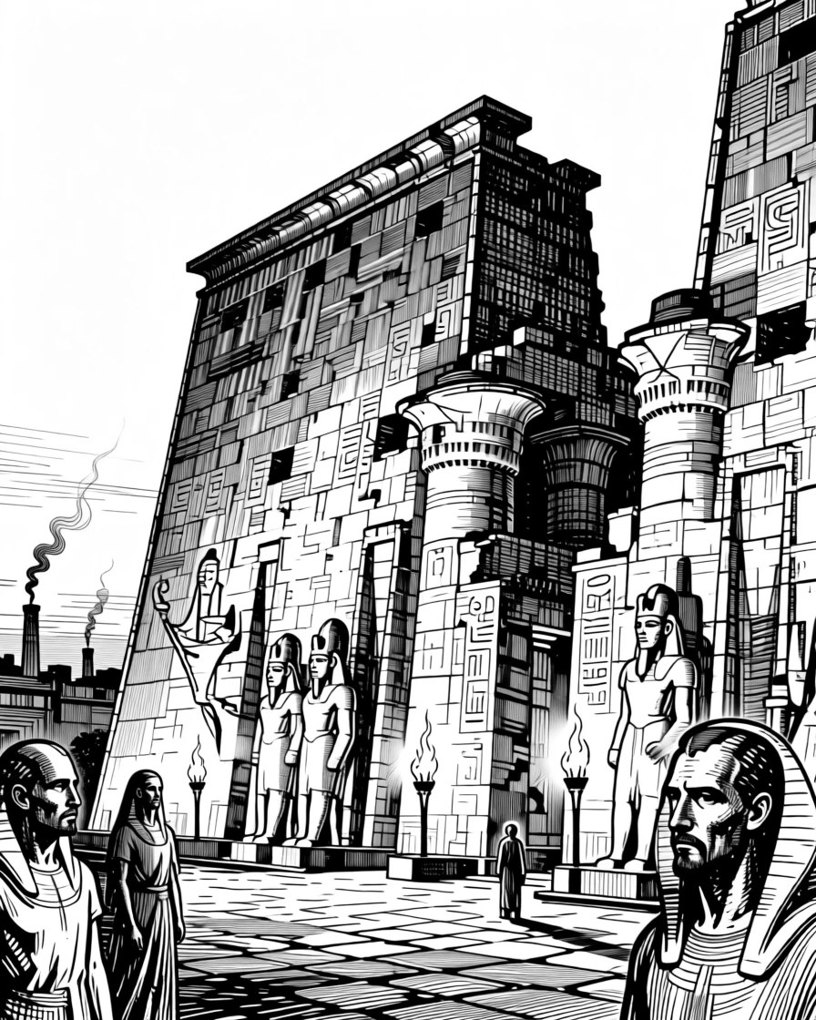 An Egyptian temple lit by torches at dusk as smoke rises gently from nearby chimneys, with the glow of firelight on weathered faces, portrayed in a quietly majestic historical scene.