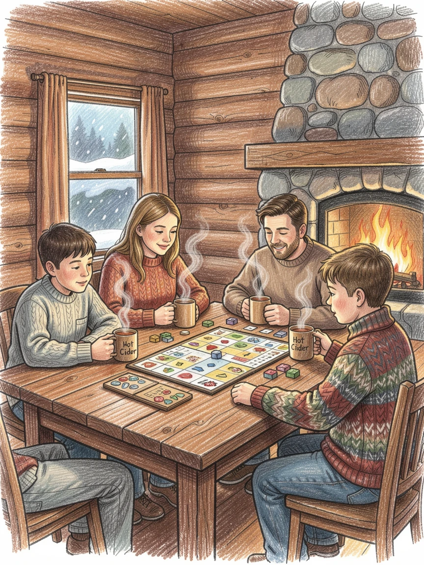 A cozy family cabin gathering with hot cider and board games, with rich, inviting textures throughout the scene, capturing a quiet story that lingers with the viewer.