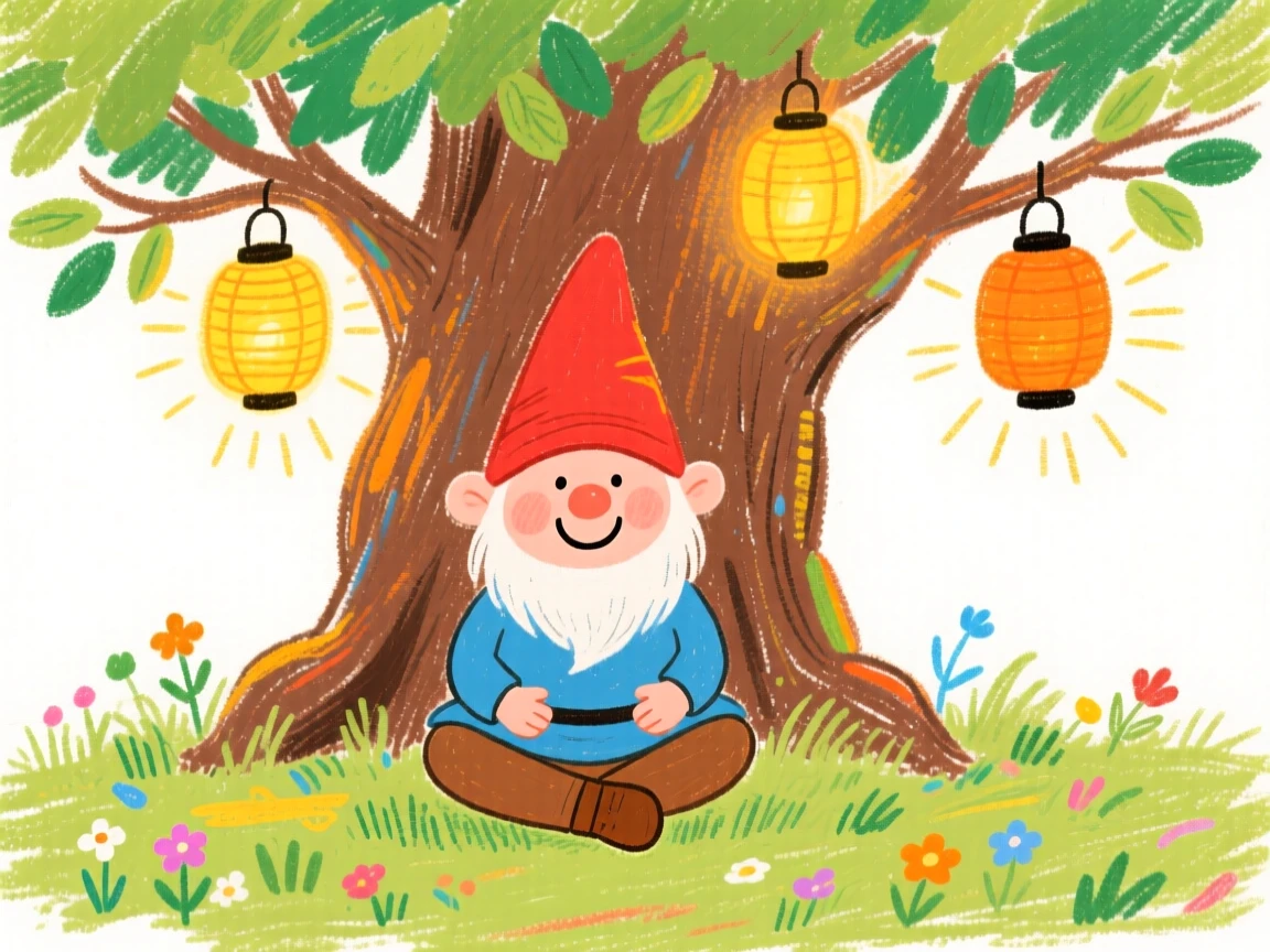 A friendly gnome sitting beneath a tree of glowing lanterns.