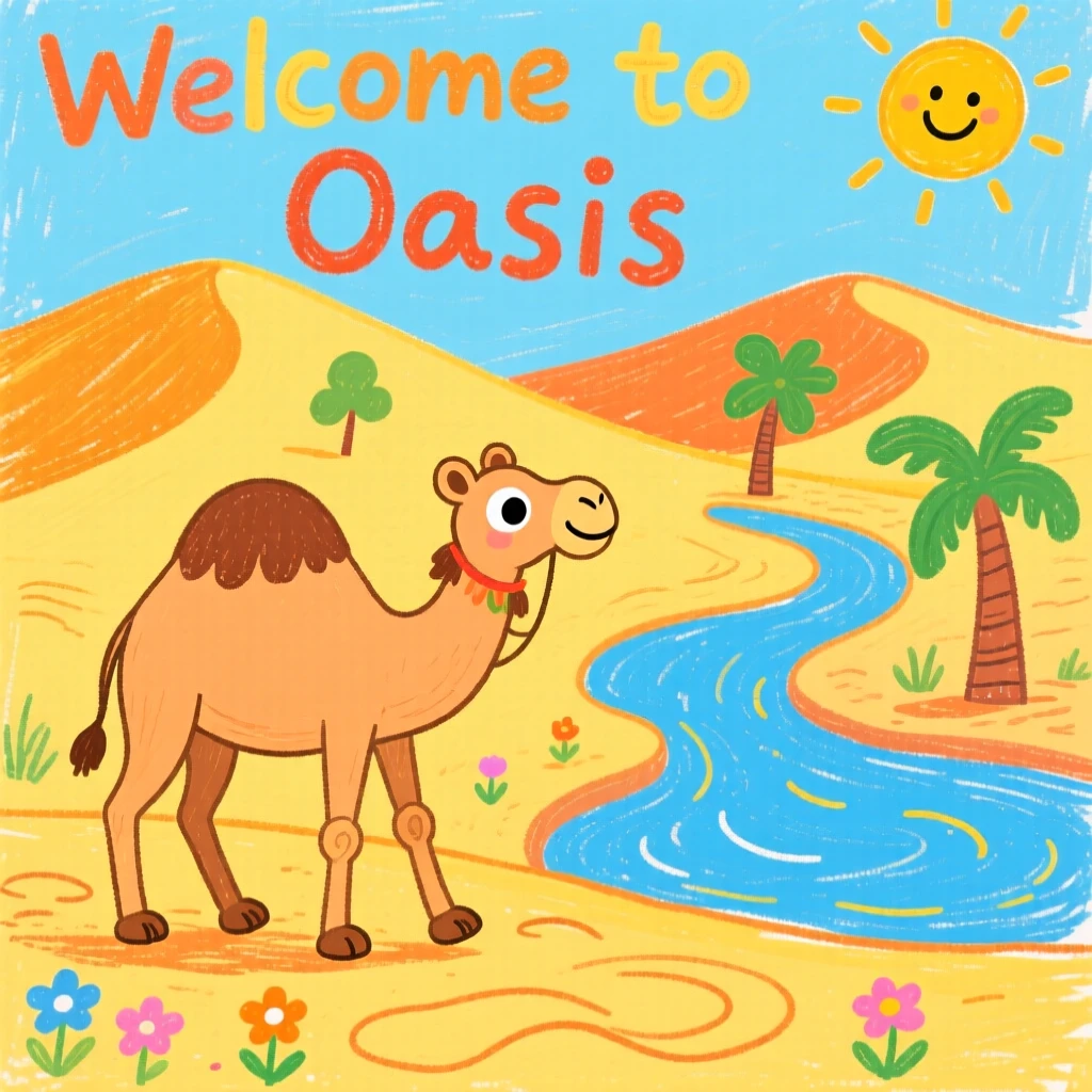 A camel crossing golden dunes near a winding desert oasis.