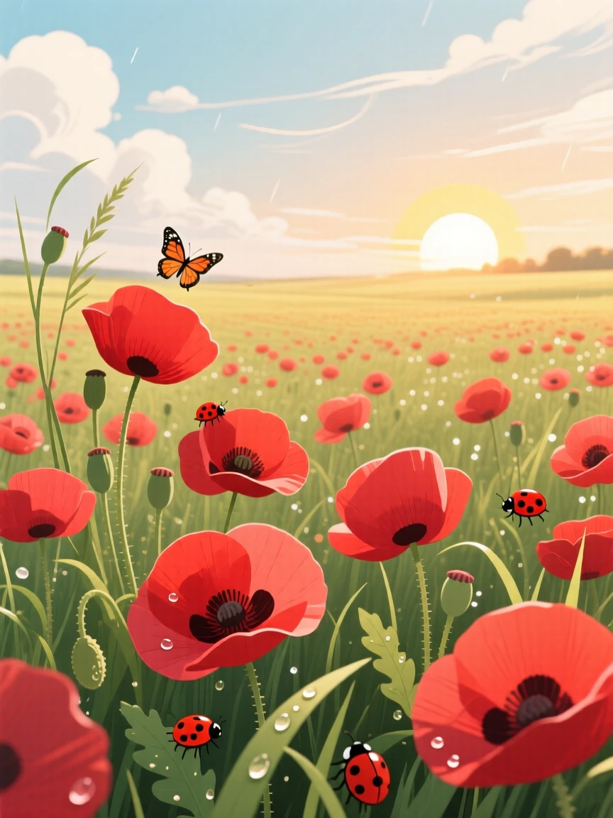 A field of blooming poppies signaling the height of spring, surrounded by gentle seasonal weather elements, composed with cozy, inviting seasonal warmth, with charming small details that evoke the season perfectly.