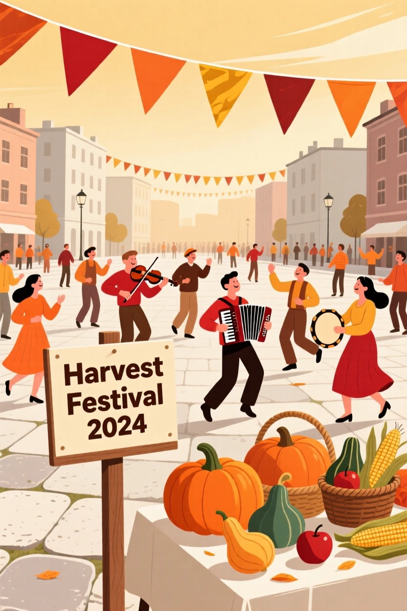 A harvest celebration with festive music filling a city plaza.