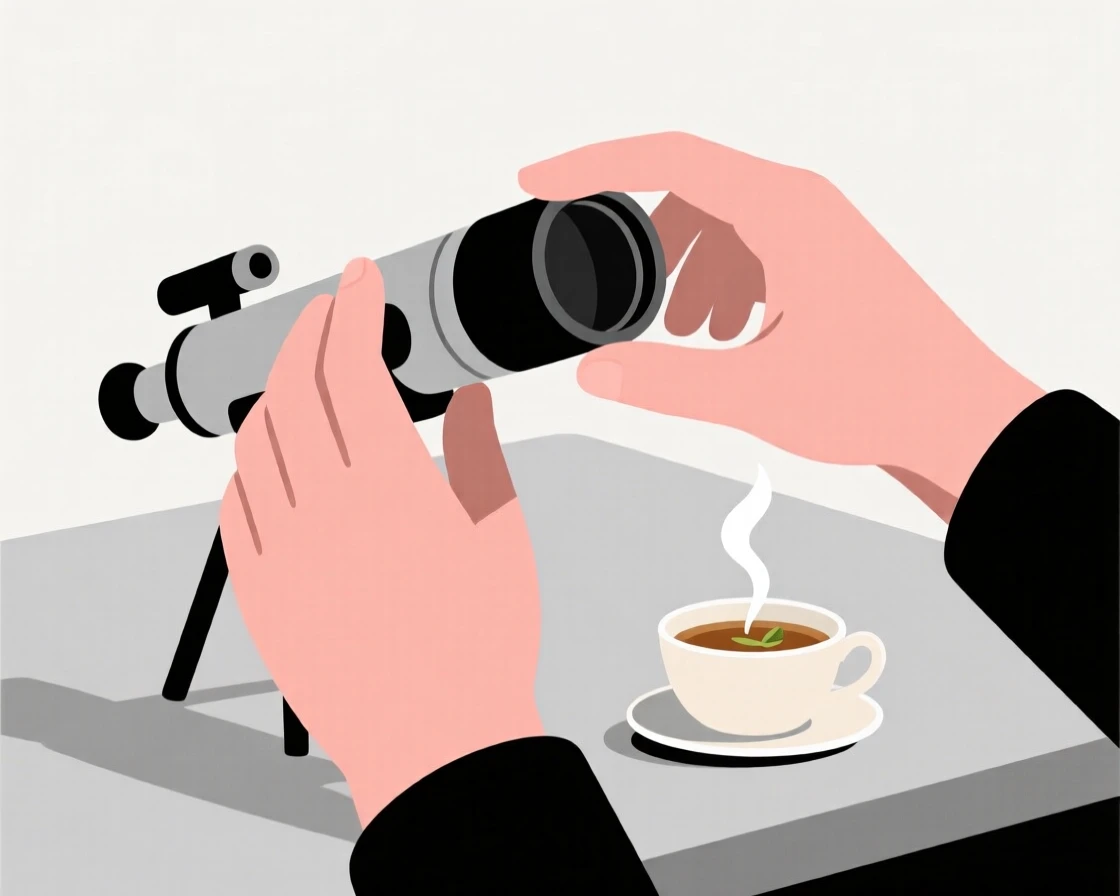 A close view of hands stargazing through a telescope near a cup of herbal tea in a quiet backyard, full of joyful discovery.