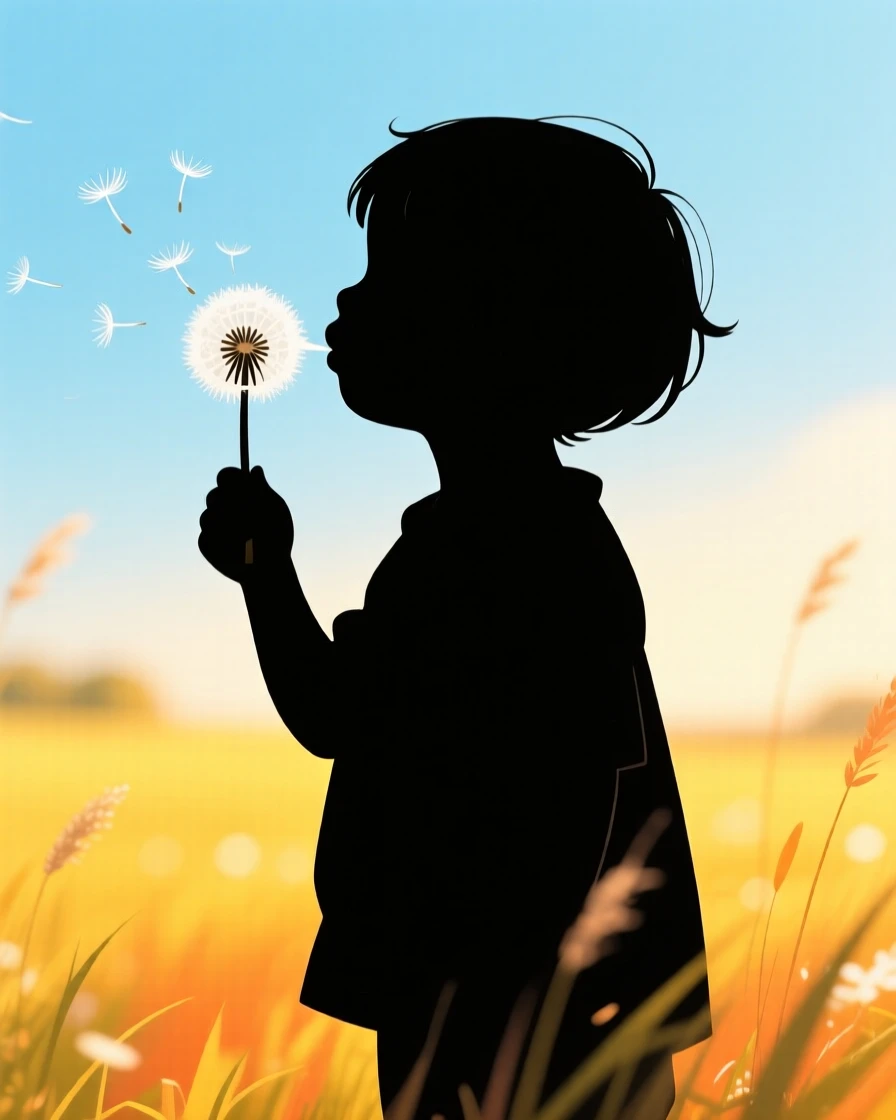 A child blowing dandelion seeds into the wind on a sunny afternoon.
