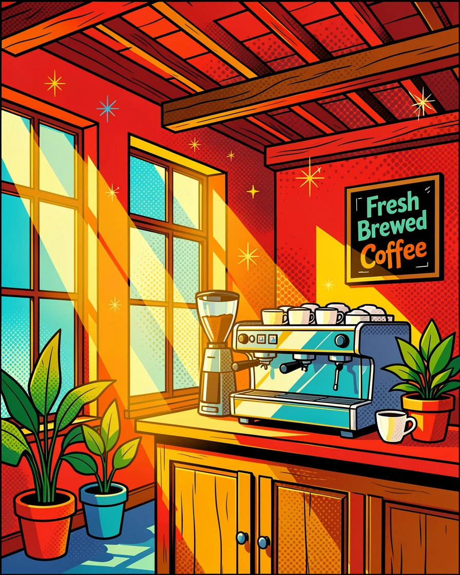 A rustic coffee shop with sunlight streaming through large windows
