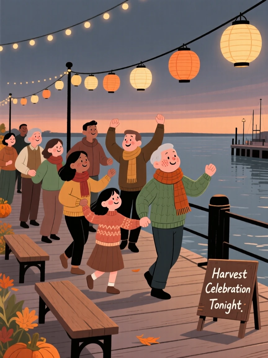 A community gathers in the harbor promenade for a harvest celebration, dancing together beneath strings of paper lanterns as evening falls.