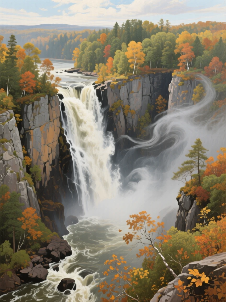 An aerial view of a dramatic waterfall cascading into a misty gorge, in the height of summer, amid swirling autumn wind.