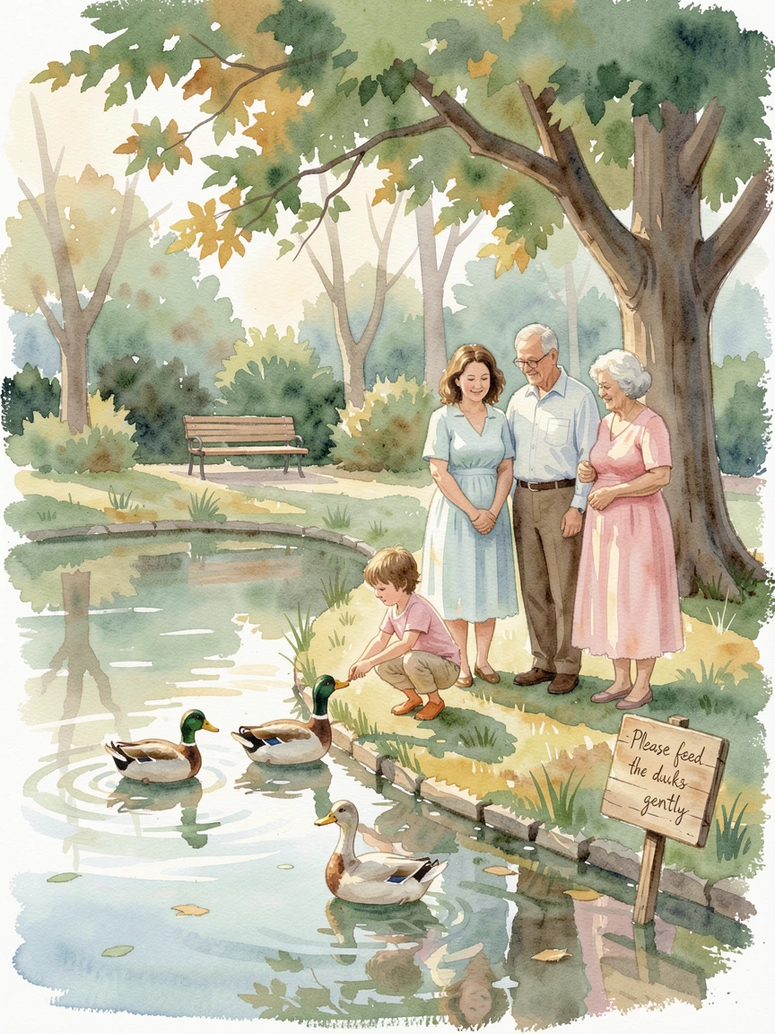 A child feeding ducks at a park pond surrounded by loving family nearby.