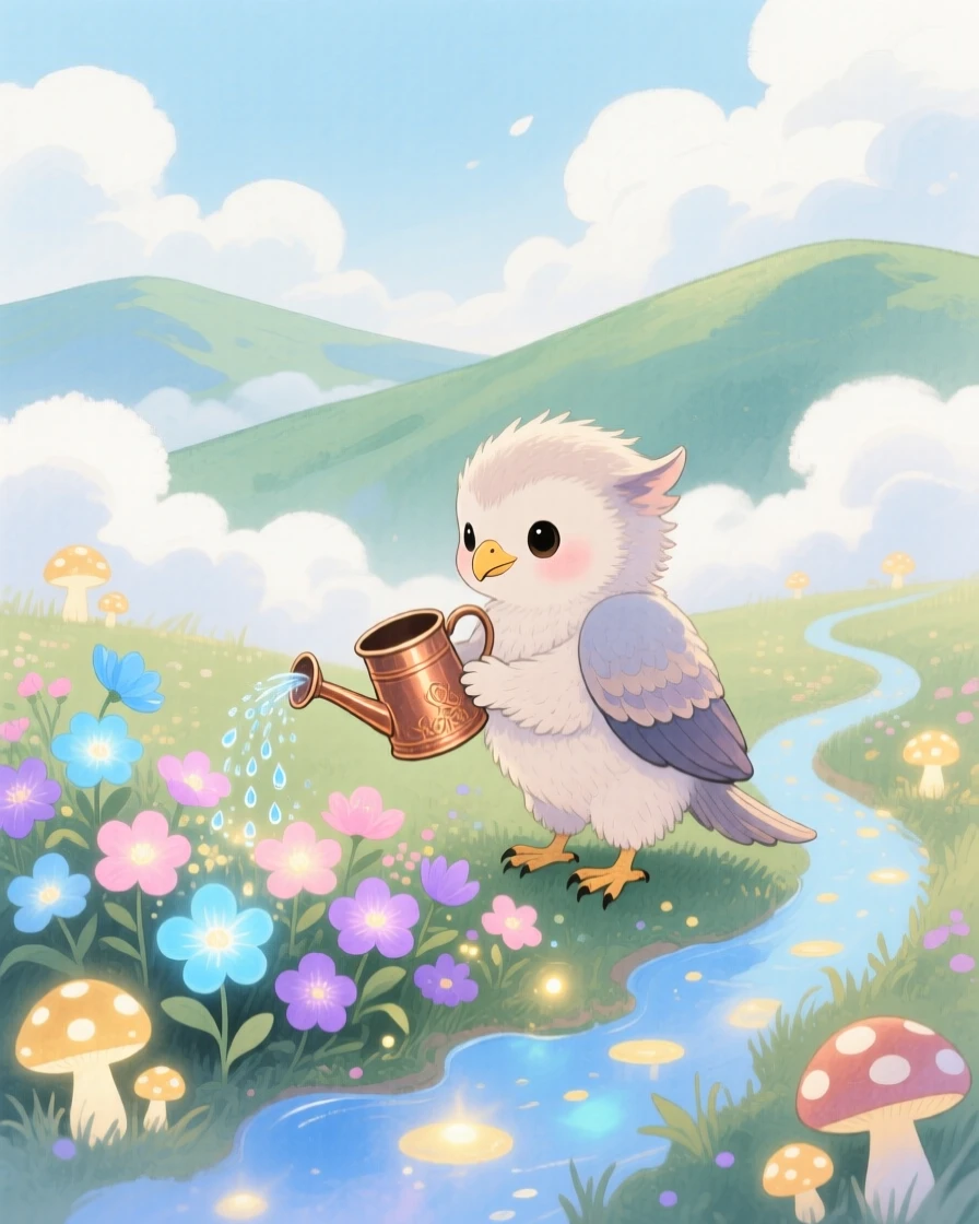 A tiny baby griffin waters a garden of luminous flowers in a cloud kingdom above the hills, with glowing mushrooms lighting the path