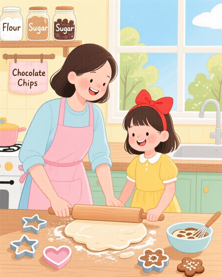 A joyful scene of a mother and daughter baking cookies together.