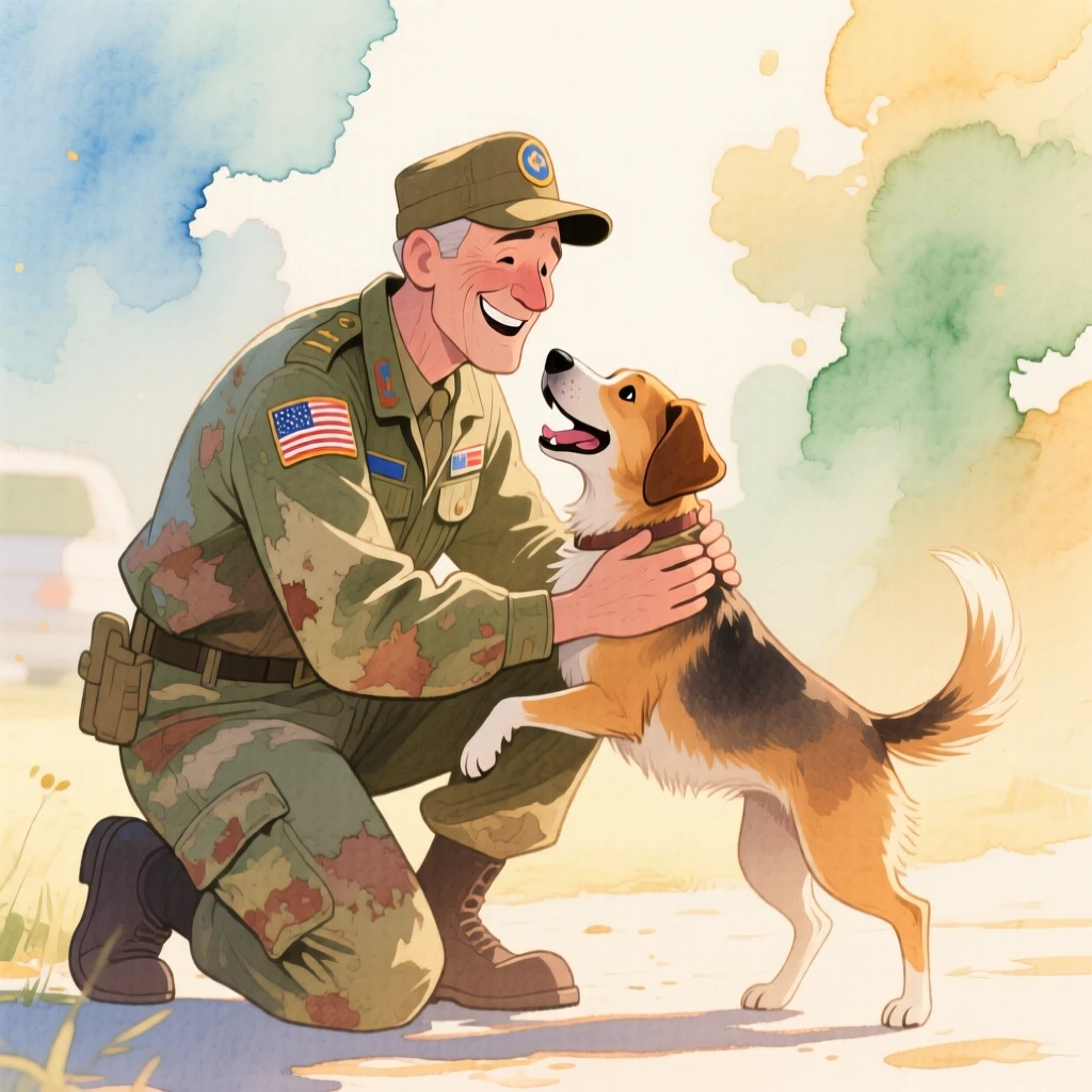 A veteran reuniting with his loyal dog after a long journey home, set against a softly blurred, dreamy background, radiating kindness, hope, and heartfelt emotion.