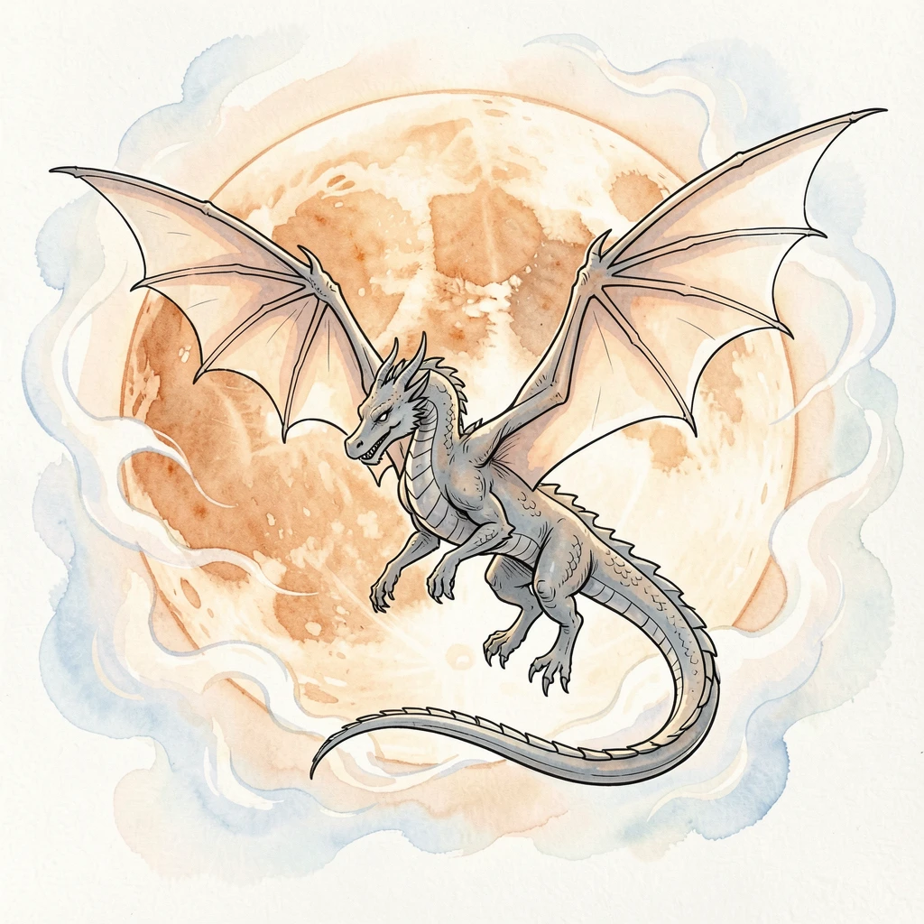 A dragon's silhouette crossing in front of a massive harvest moon, swirling light and mist adding a dreamlike quality.