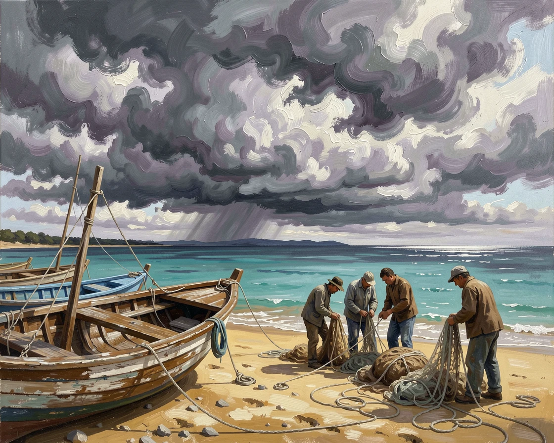 Where fishing boats rest on the sand at low tide, a secluded bay with turquoise water, fishermen mending their nets beside beached boats, under a dramatic sky with storm clouds rolling in over the sea.