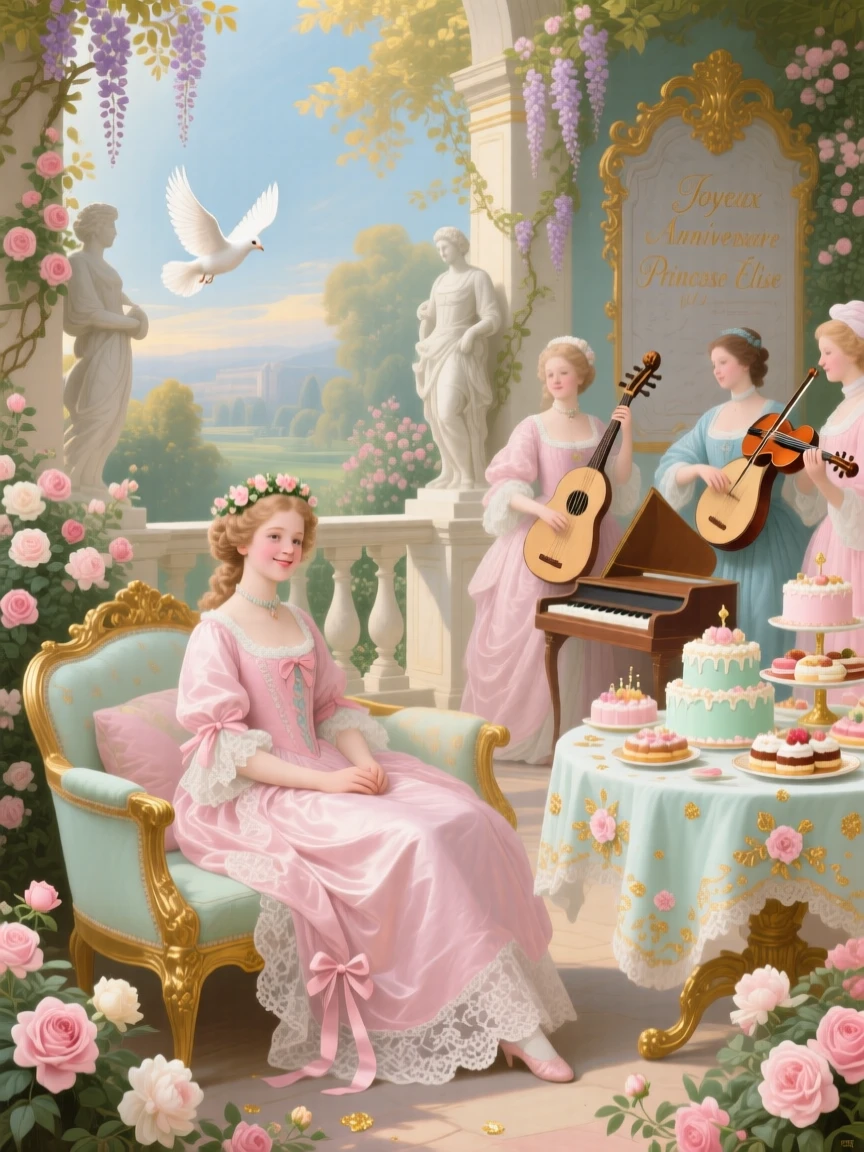 A birthday celebration for a young princess with cakes, music, and white doves  