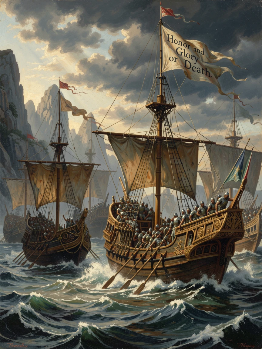 A fleet of ancient warships gathers before a decisive naval battle.