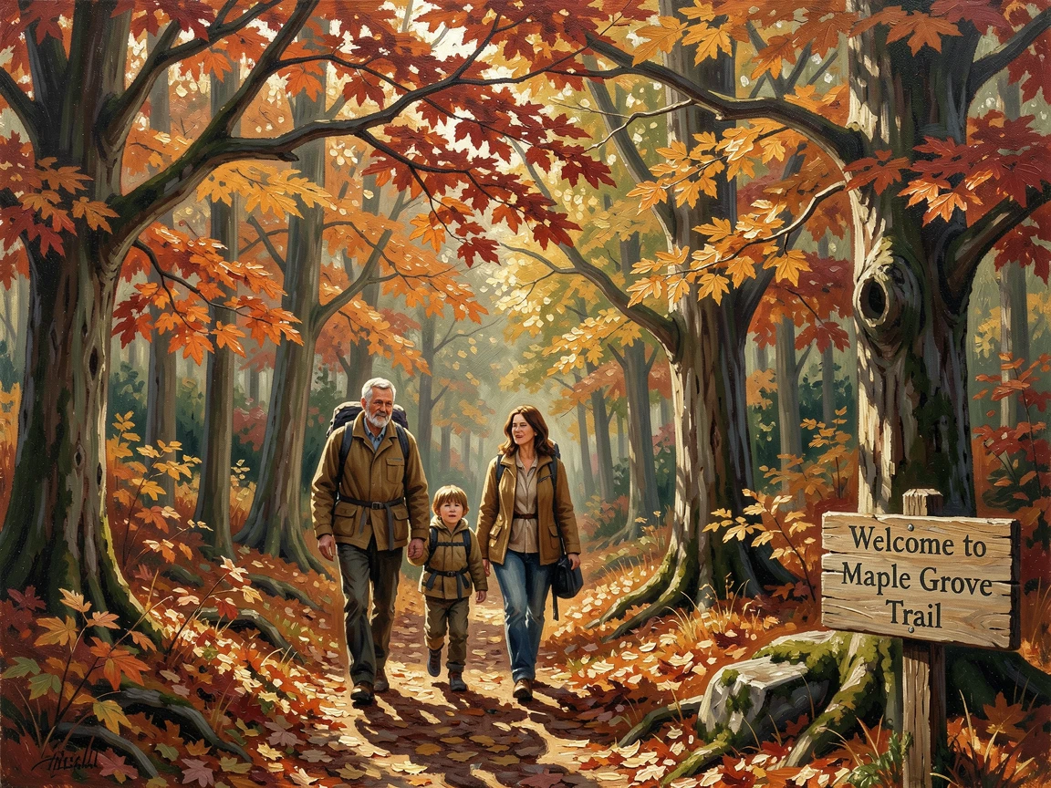 A crisp autumn hike through a forest ablaze with fall color, as golden or twinkling light creates a magical atmosphere, radiating comfort, celebration, and heartfelt togetherness