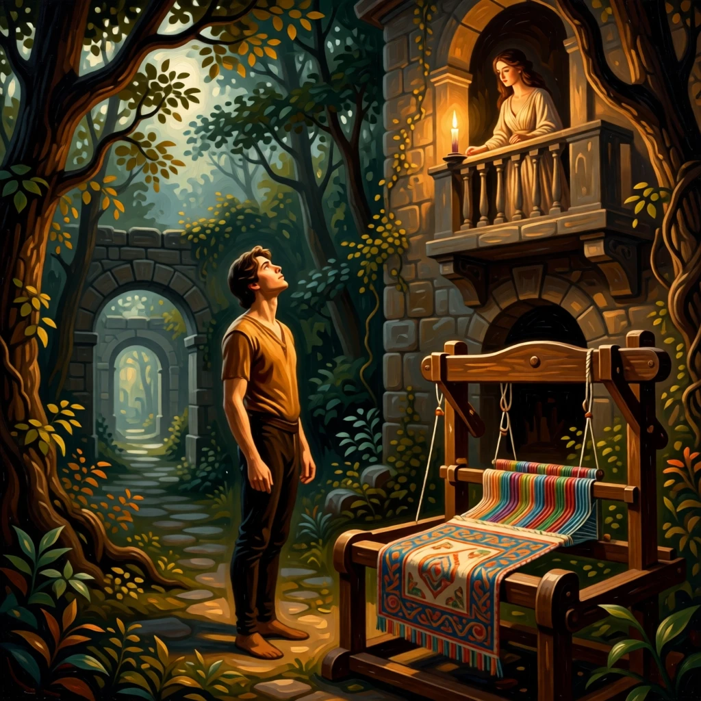 Romeo gazing up toward Juliet's candlelit balcony at the exact moment magic and reality intertwine, set within an enchanted forest clearing bathed in soft light, with an old wooden loom, tangled threads, and a half-finished tapestry; receding archways create a sense of stepping into another world, evoking nostalgia, wonder, and the timeless magic of storytelling.