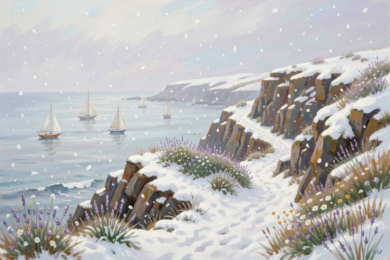 A coastal cliff path in Cornwall, wildflowers clinging to the rocks, sailboats dotting the sea below, amid a gentle winter snowfall, evoking timeless charm and quiet elegance.