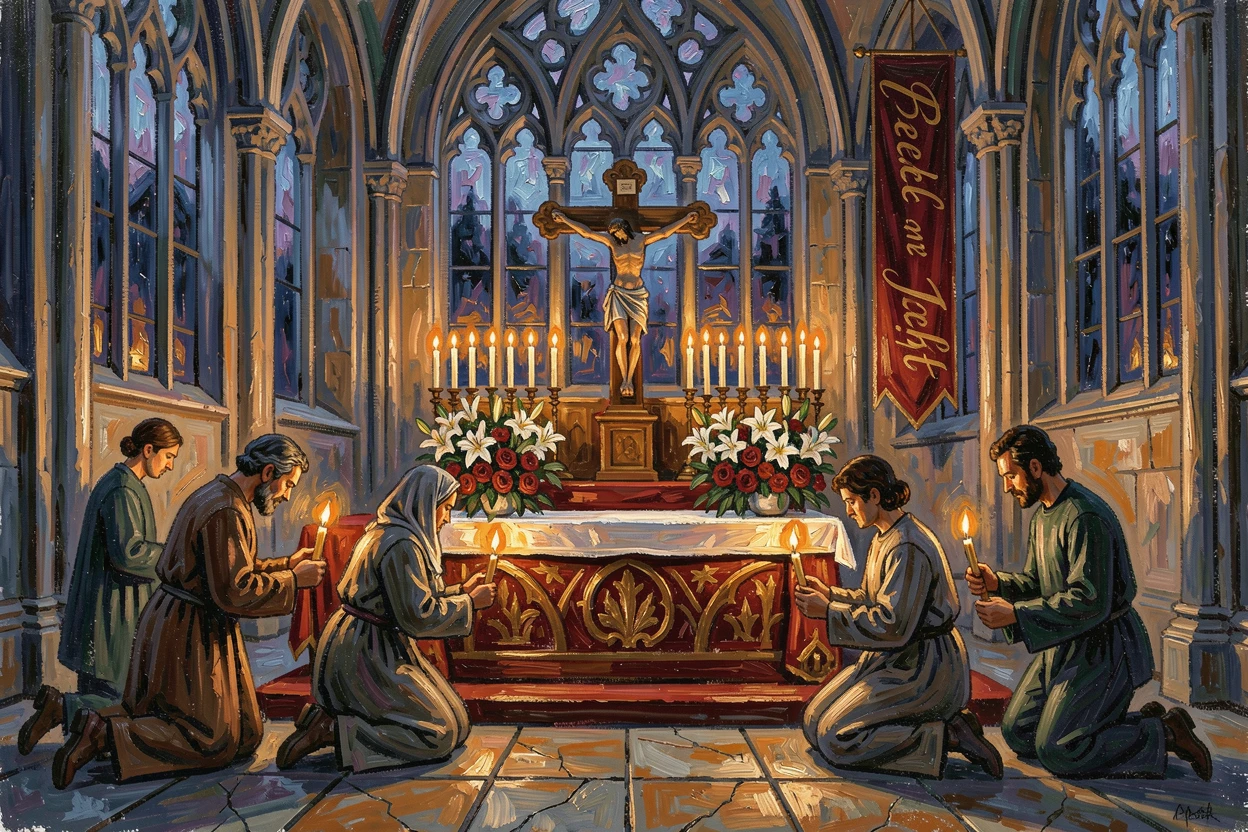 Pilgrims lighting candles at a grand cathedral altar during a quiet evening mass.