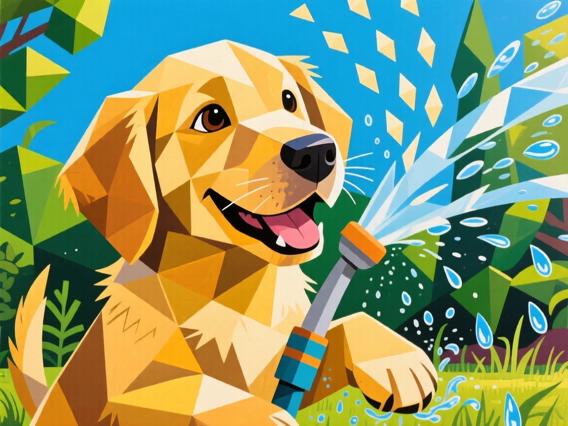 A charming close-up of a golden retriever puppy splashing happily in a garden sprinkler on a bright afternoon.