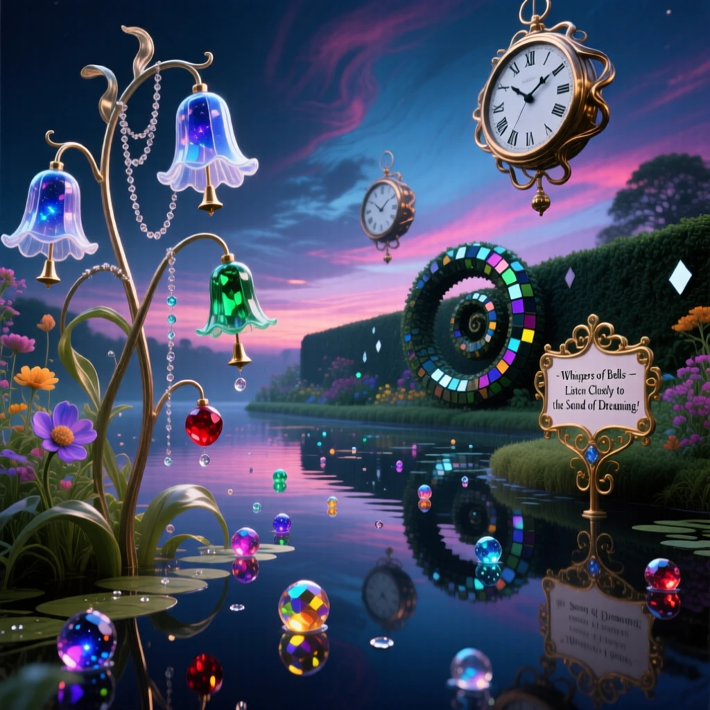 A garden of flowers that chime softly like tiny bells grows quietly at the edge of a still, quiet pond, while morning dew clings like small scattered jewels.