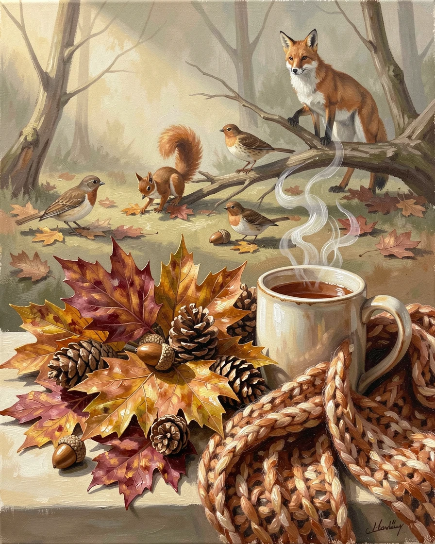 A collection of autumn leaves, acorns, and pinecones is arranged beside a warm knitted scarf and a steaming mug of cider, with scattered wildlife visible moving quietly through the middle distance of the composition.