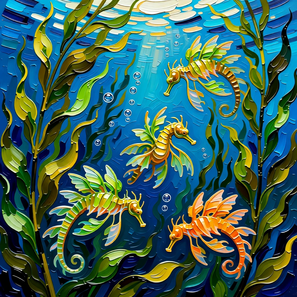A colony of leafy sea dragons drifting camouflaged among swaying kelp
