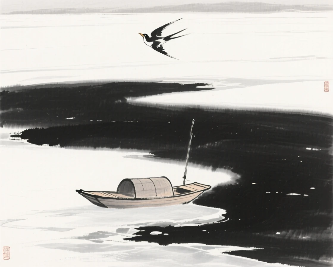 A small boat sits frozen in place at the edge of an ice-covered lake, as a single bird calls out across the silent landscape.