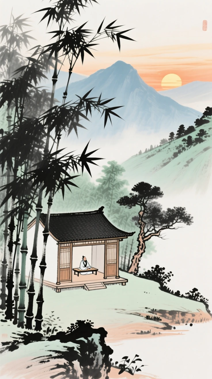 A scholar's studio nestled among bamboo on a quiet hillside, conveying a deep sense of harmony with nature, as the sun sets behind distant peaks.
