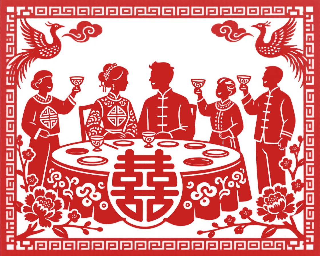 A couple seated together at a wedding banquet table, surrounded by family raising cups in celebration
