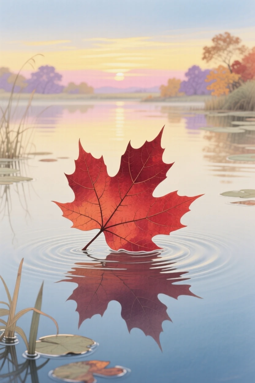 A single red maple leaf floating on a still autumn pond, with the first light of dawn touching the horizon