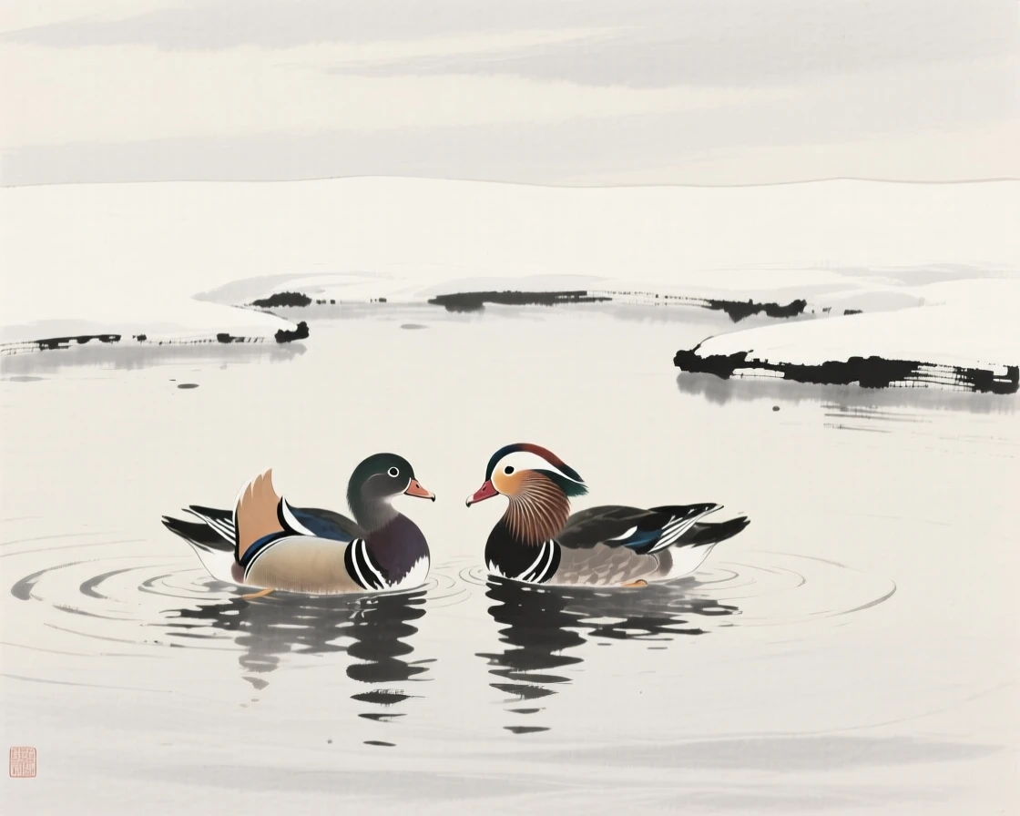 A mandarin duck pair skimming the surface of a quiet pond against a pale, empty winter sky, framed against a wide expanse of open sky, evoking grace, freedom, and quiet elegance.